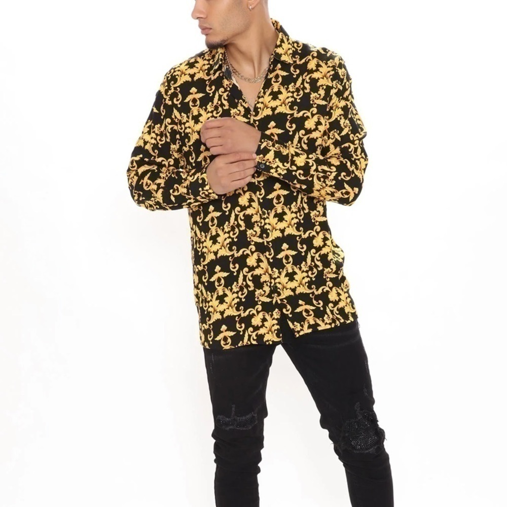 Gold leaf longsleeve, woven men’s top, black and yellow